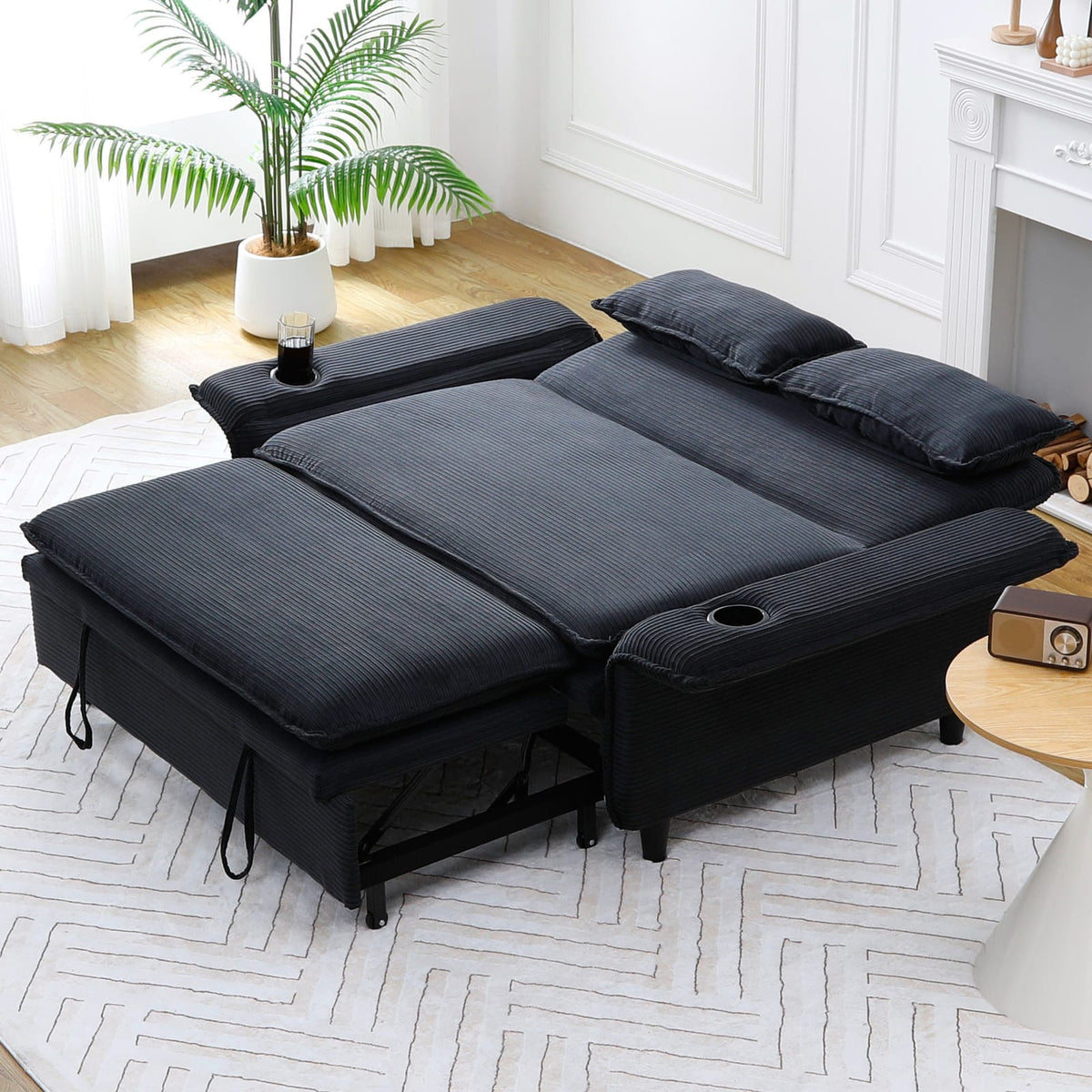 65.74" Black Corduroy Sofa Bed - Adjustable Comfort & Storage