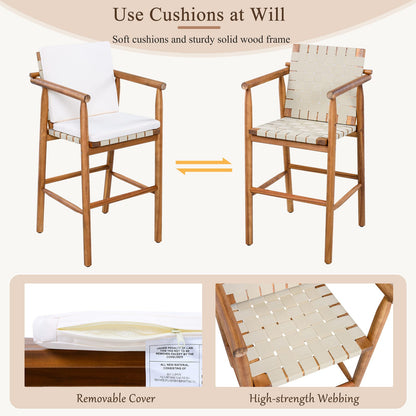 2 Acacia Wood Bar Stools with Beige Cushions - Patio Set