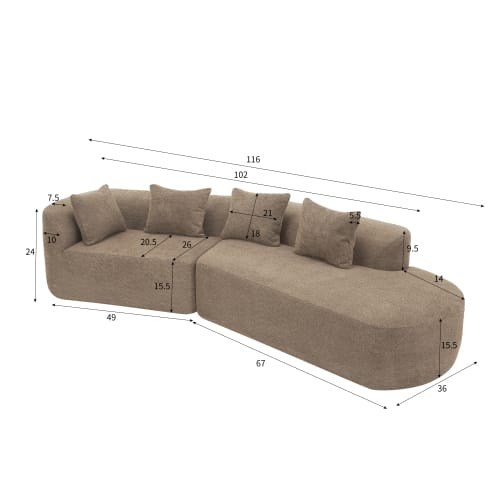 116" Brown Sectional Sofa with Chaise Lounge - Foam Polyester