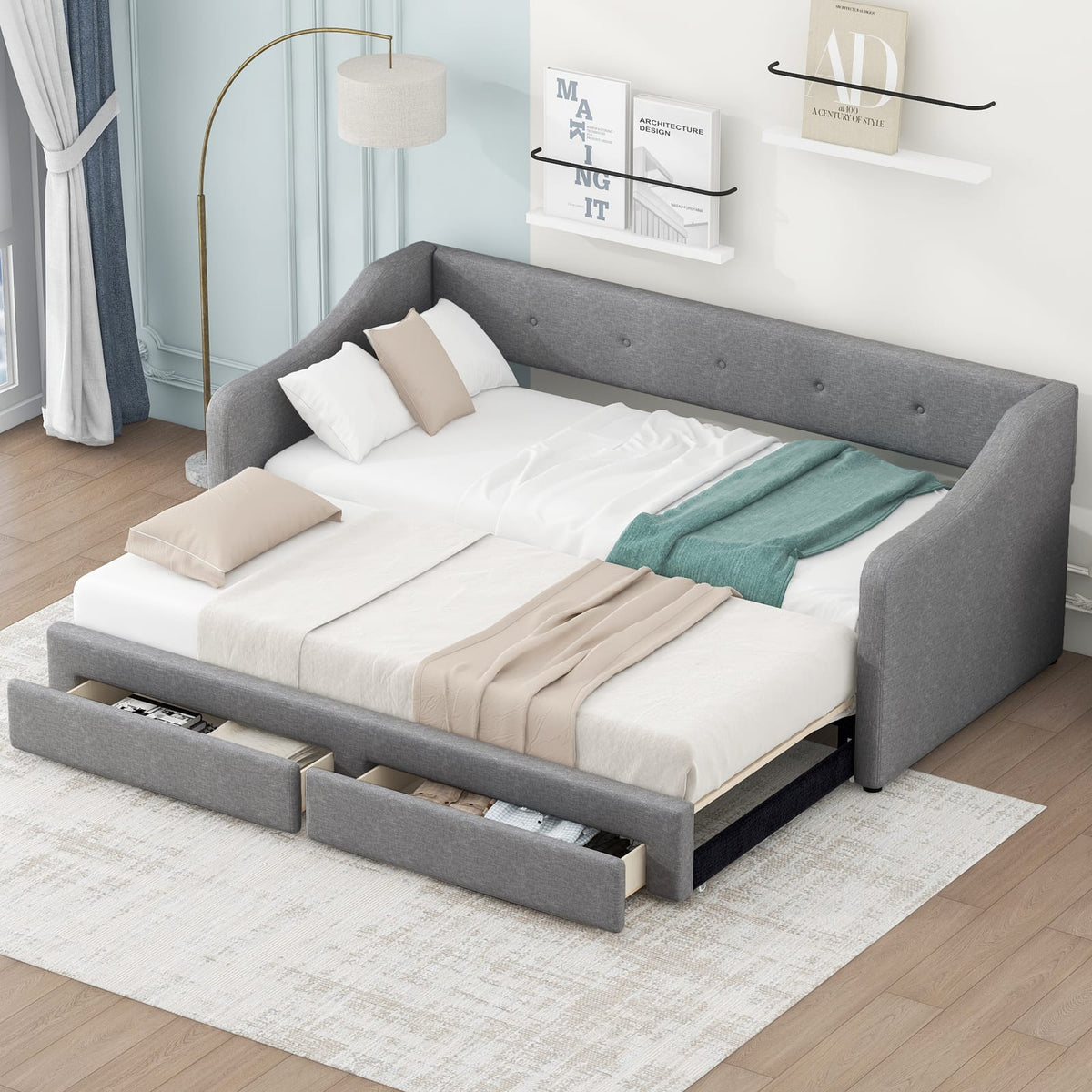 Twin XL to King Size Upholstered Daybed with Two Drawers, Gray