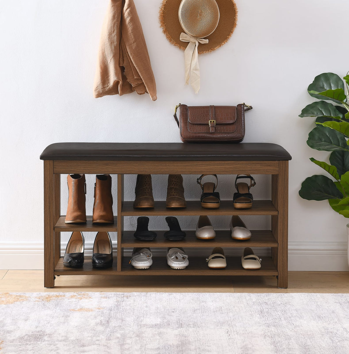 Brown Rubberwood Shoe Bench - Storage Benches