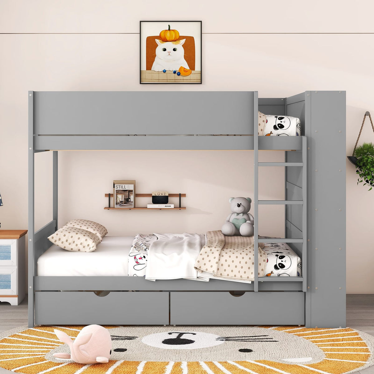 Full Over Full Bunk Bed - Gray Solid Wood MDF for Bedroom