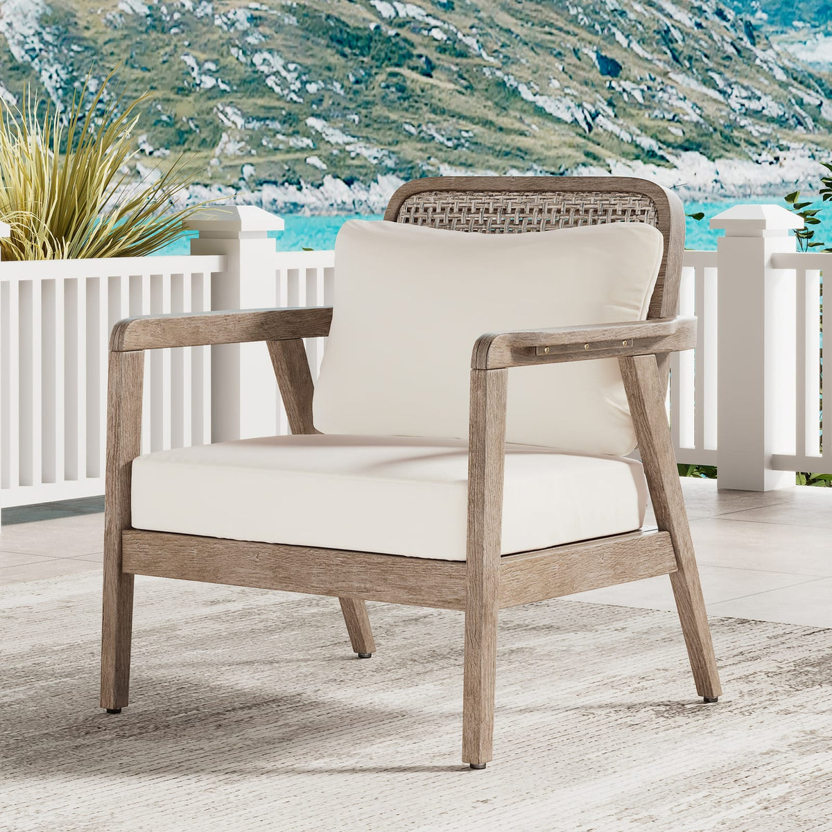 Light Brown Acacia Wood Patio Club Chair - Waterproof Cushions, Outdoor Seating