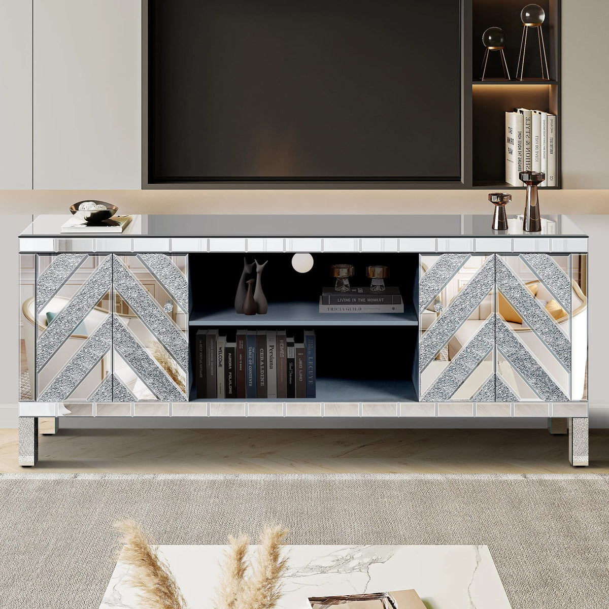 65 Inch TV Stand with Storage - Silver Antique Style