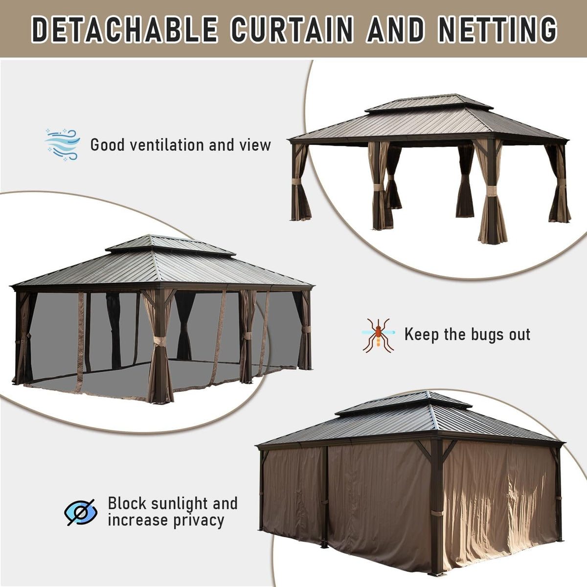 14x22ft Brown Aluminum Gazebo - Outdoor Shade Pavilion