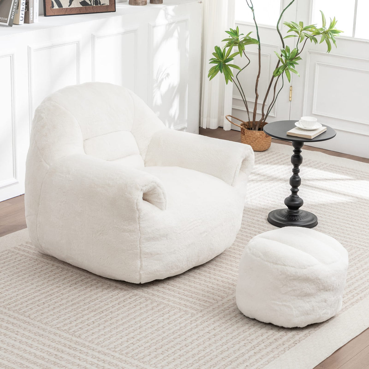 White Faux Fur Bean Bag Chair with Foam Support for Ultimate Comfort for Living Room