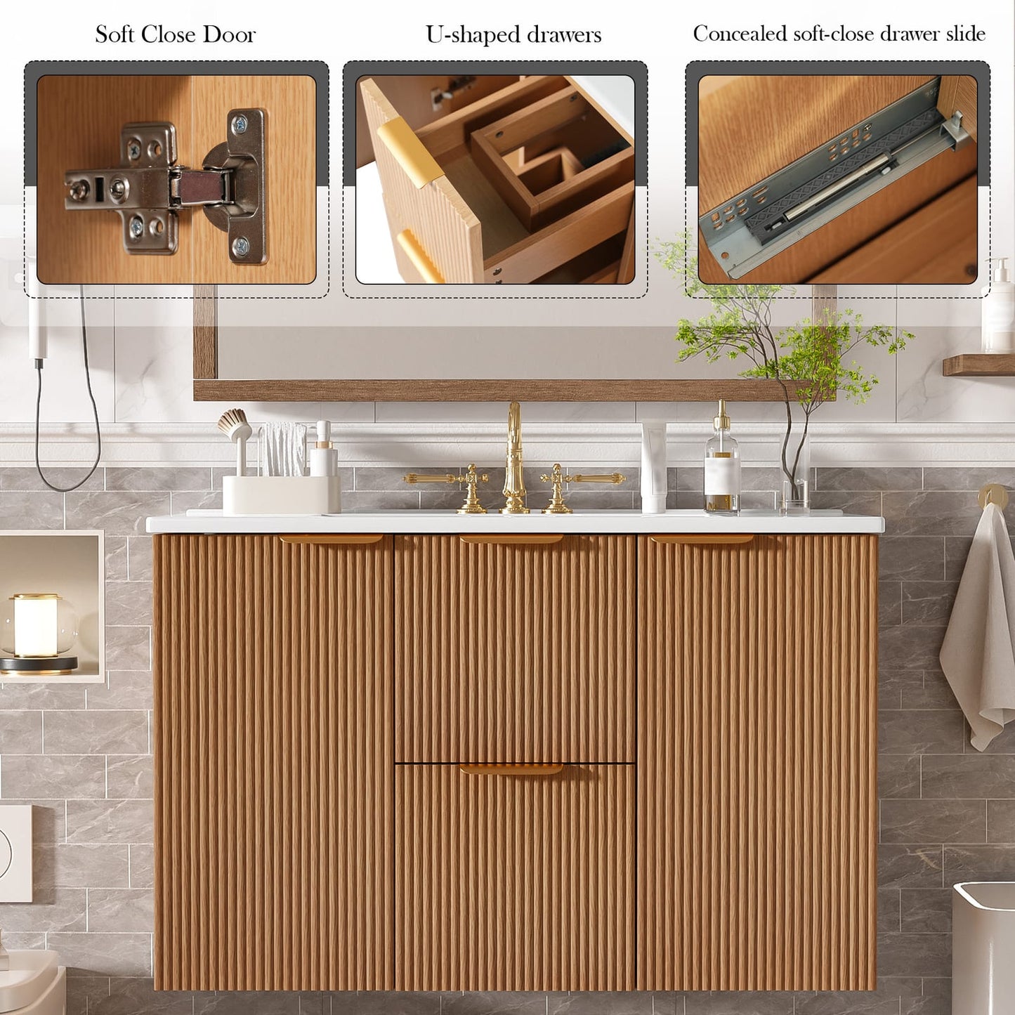 36" Wood MDF Bathroom Vanity - Wall Mounted Storage