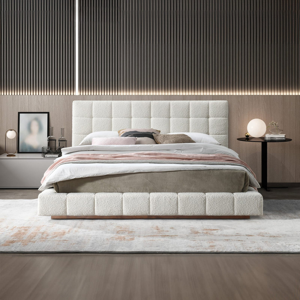 King Size Ivory Boucle Upholstered Bed Frame