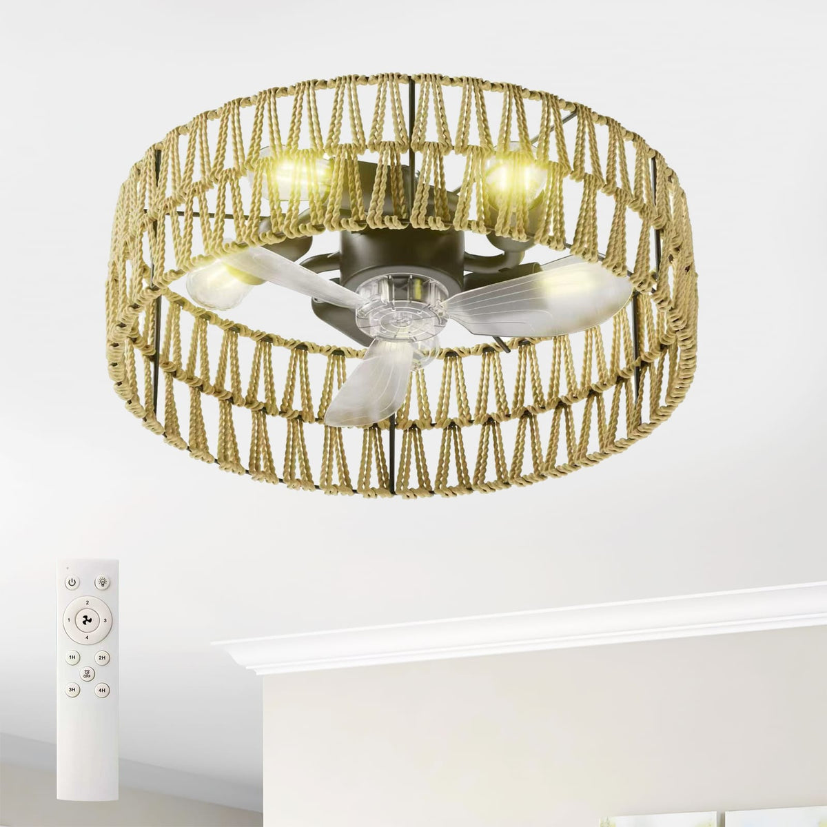 3-Blade Ceiling Fan with Remote - White, Low Profile Kitchen Bedroom