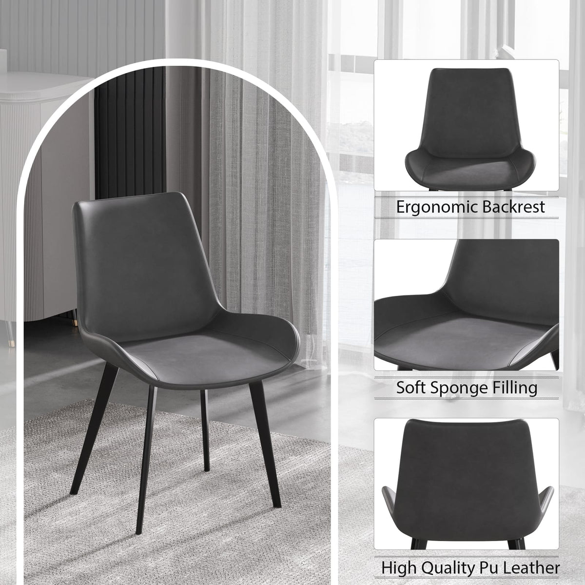 Black Gray Dining Chair Ergonomic PU Seat 2pcs