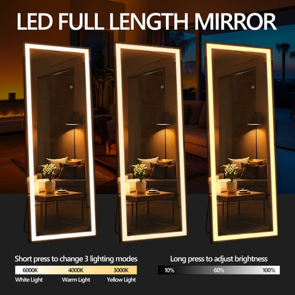 Full Length Tempered Glass Mirror with LED Lights - 67" Black