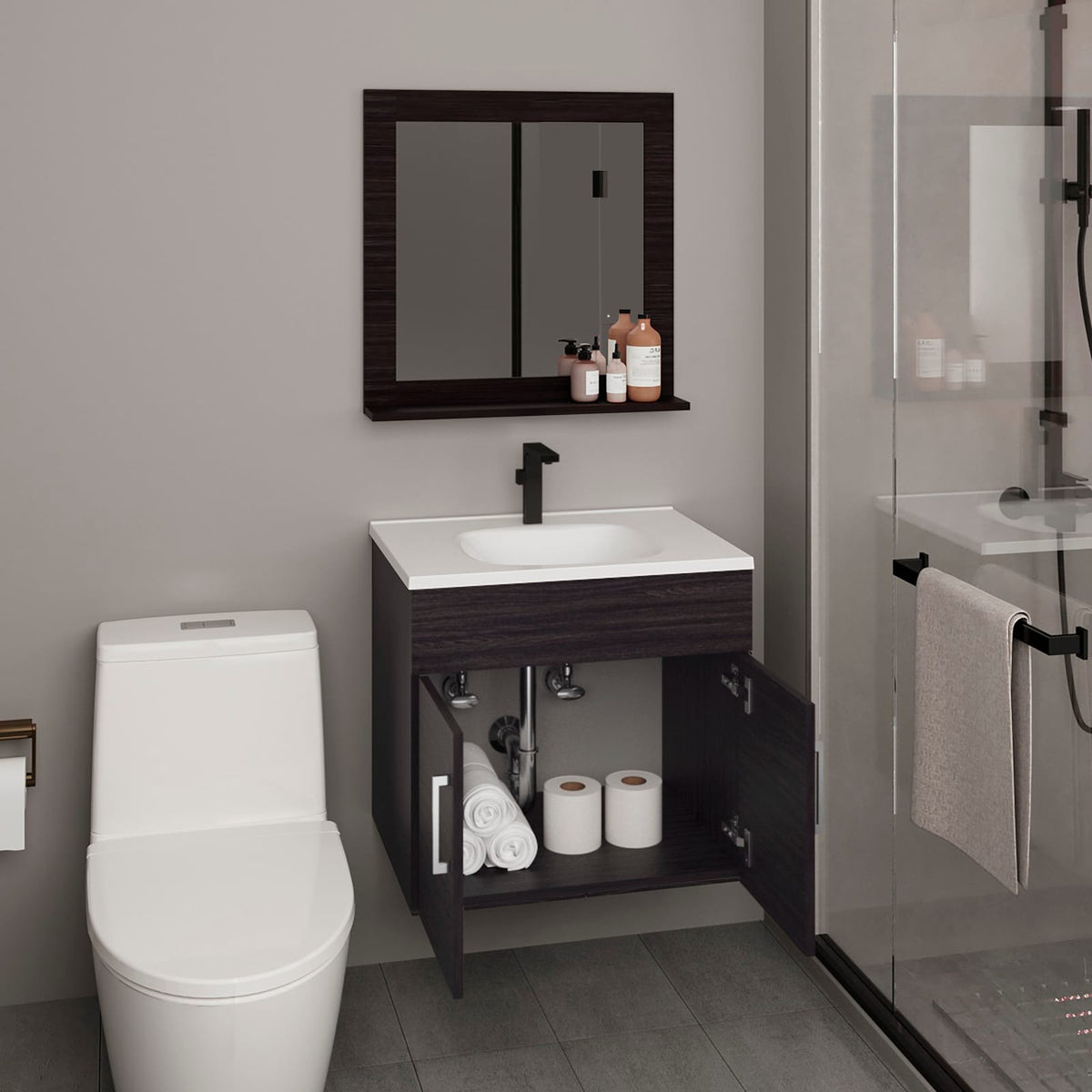 Modern Black Wall-Mounted Bathroom Vanity with Mirror and Storage