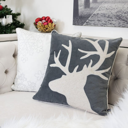Gray Velvet Reindeer Accent Pillow 20x20 with Insert Set