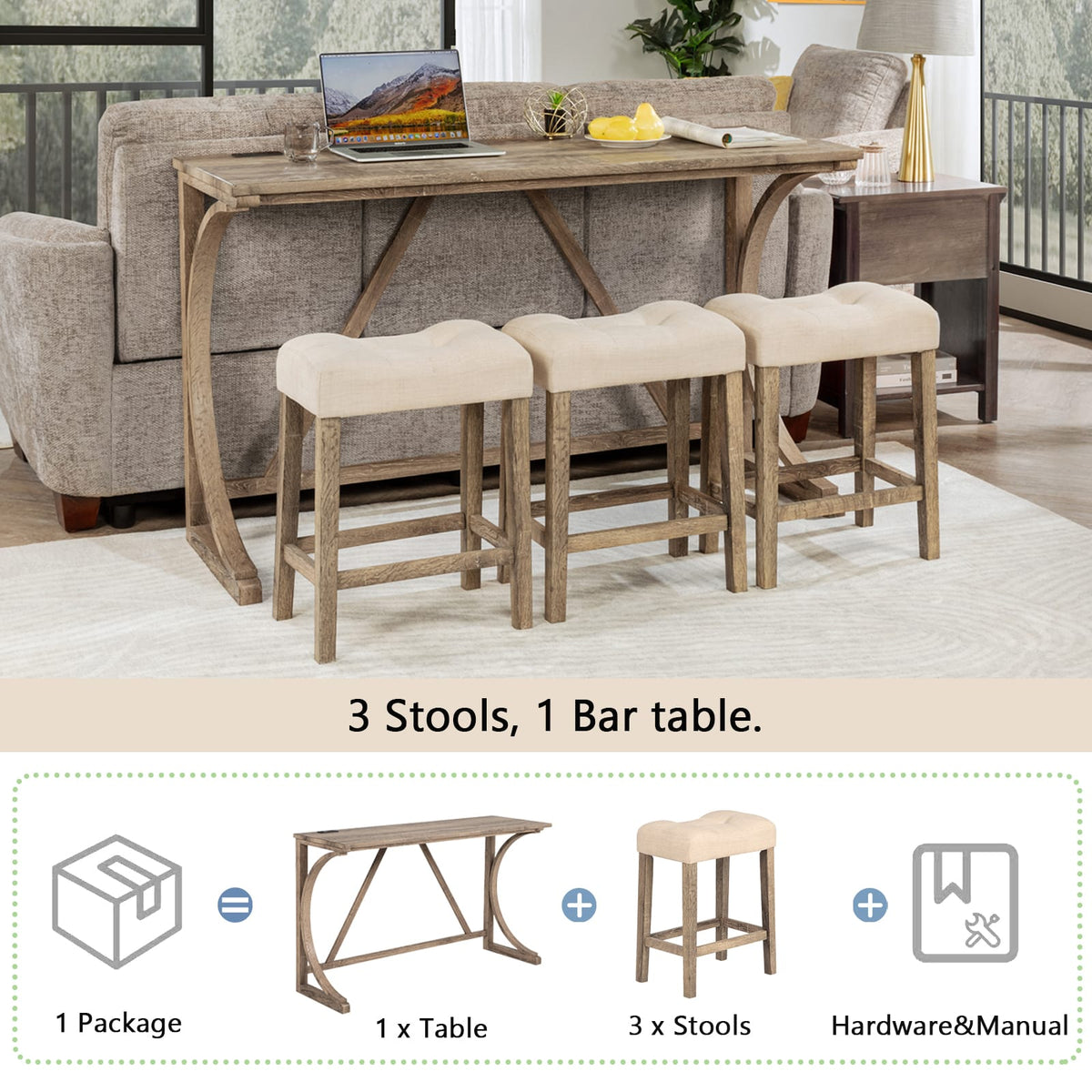 Brown Rectangular Bar Table Set with 4 Chairs