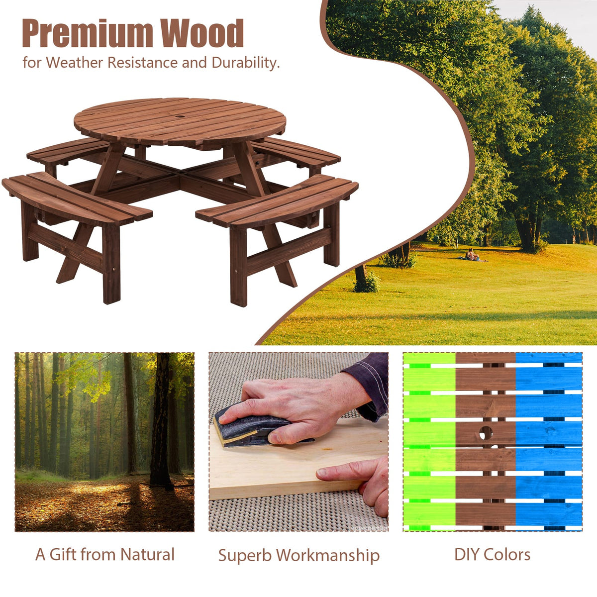 8 Person Wooden Picnic Table - Outdoor Dining Set with Benches
