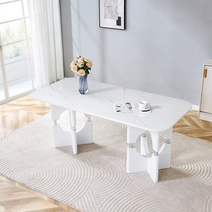 Modern White Dining Table - MDF Marble Style, Compact Design for Dining Room