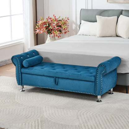 Eucalyptus Blue Velvet Storage Bench for Bedroom and Living Room