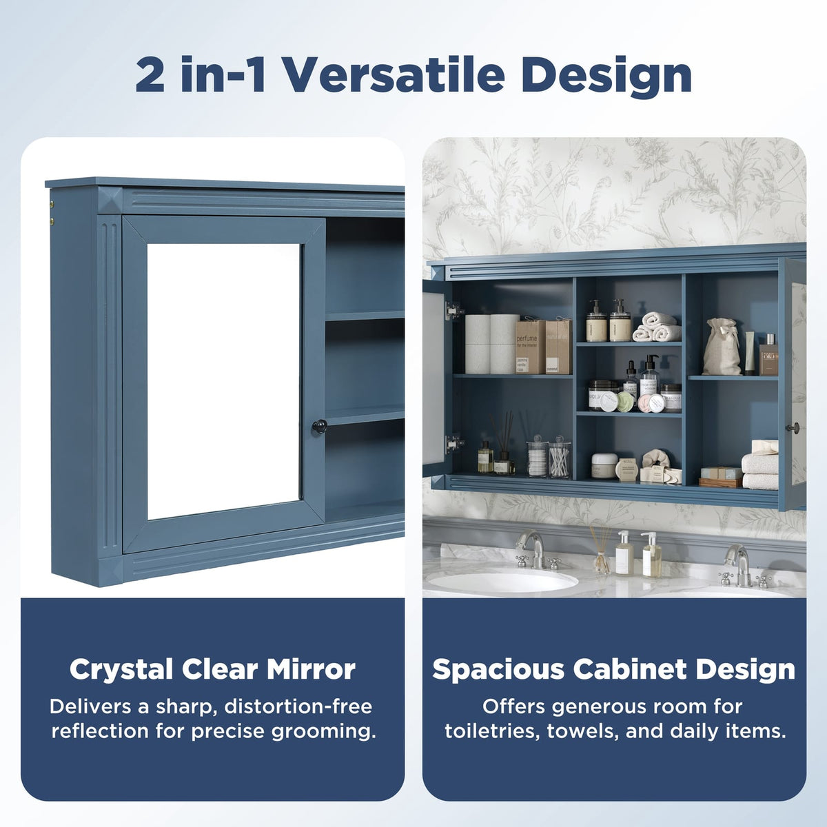 55 Inch Wall-Mount Bathroom Mirror Cabinet - Blue, Adjustable Shelves