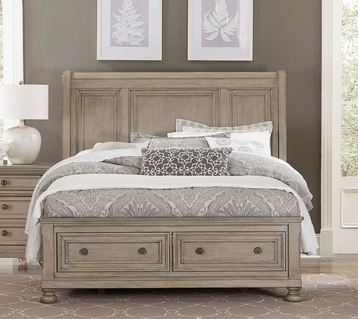 Queen Wood Bed with Storage Drawers Gray Finish Traditional Style for Bedroom