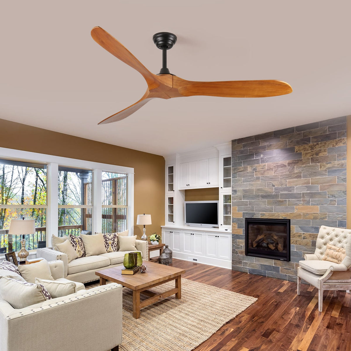 60 Inch Black Wood Ceiling Fan - Remote Control
