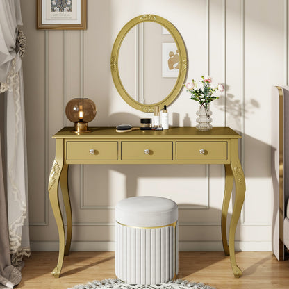 Gold Makeup Vanity Desk - 3 Drawers, Oval Mirror Storage