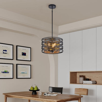 Rustic Industrial Pendant Light - Walnut & Black Metal Cage Chandelier