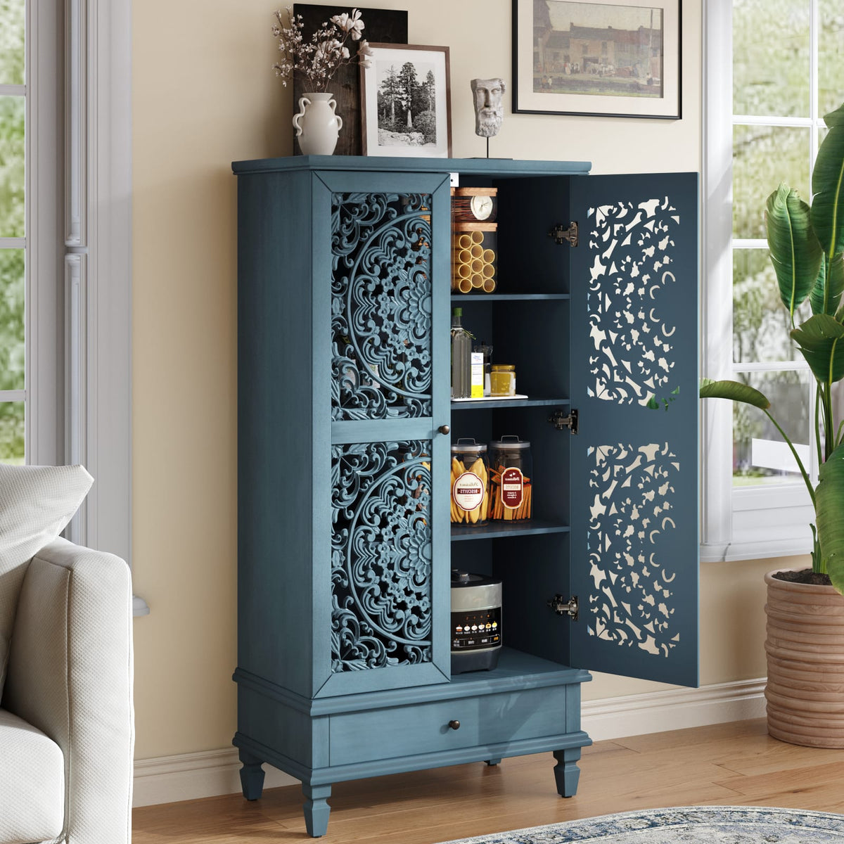 Rustic Antique Blue Storage Cabinet - 55" Tall Accent Cabinet