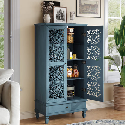 Rustic Antique Blue Storage Cabinet - 55" Tall Accent Cabinet