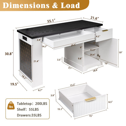 55" Modern Fluted Office Desk with Storage - White