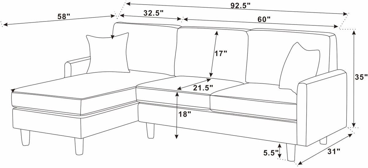 Light Gray 3 Seat Corduroy Sectional Sofa