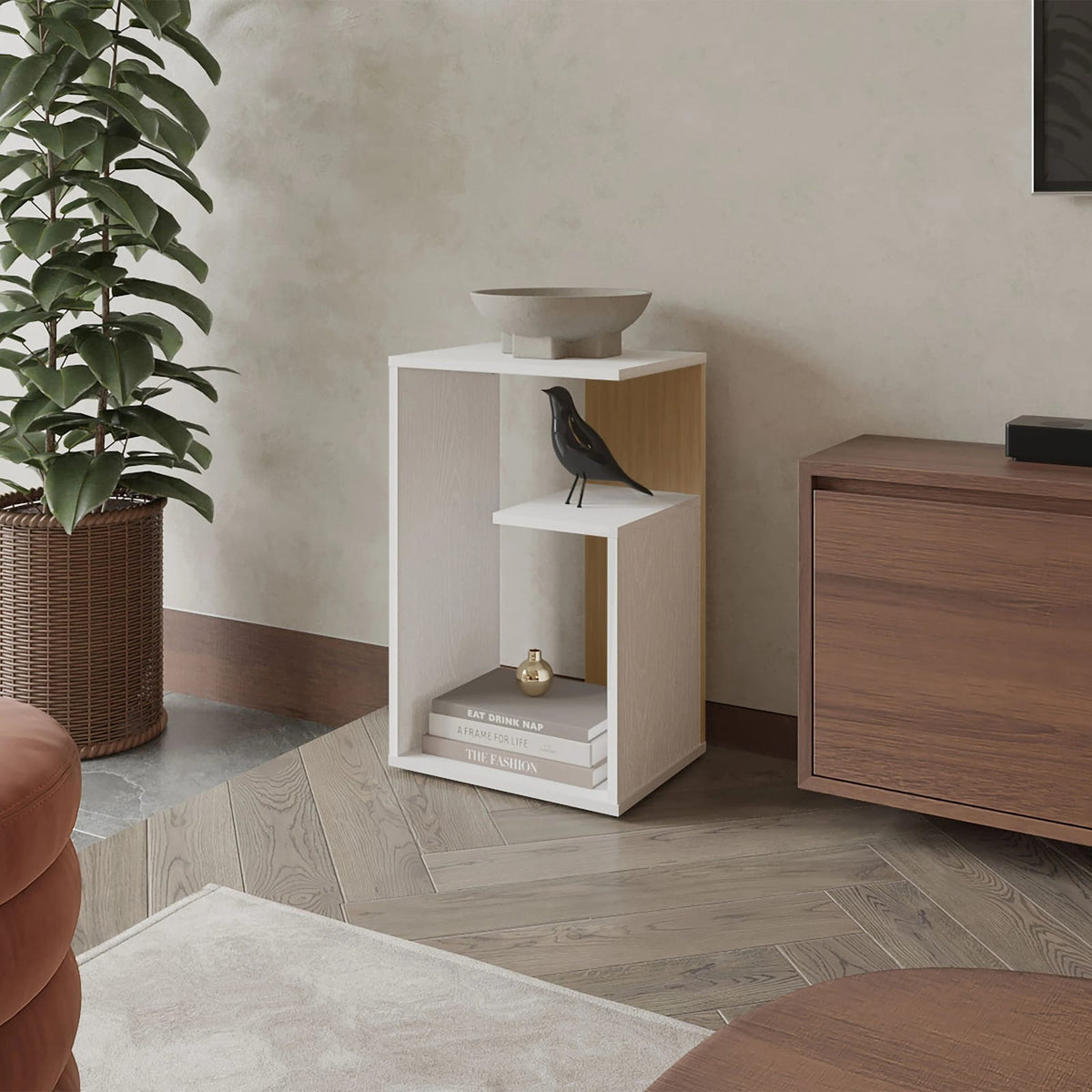 Light Oak Particle Board Side Table with Open Storage for Living Room
