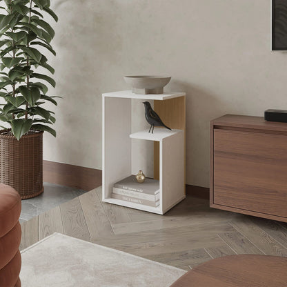 Light Oak Particle Board Side Table with Open Storage for Living Room