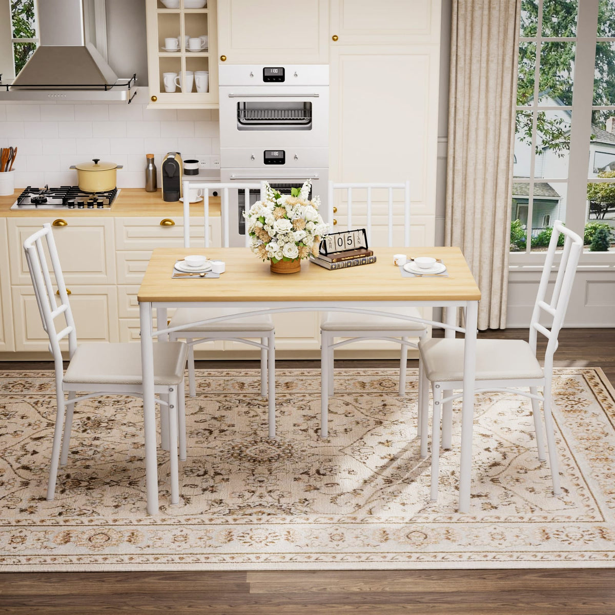 4-Person Dining Table Set - Natural White Industrial Style for Dining Room