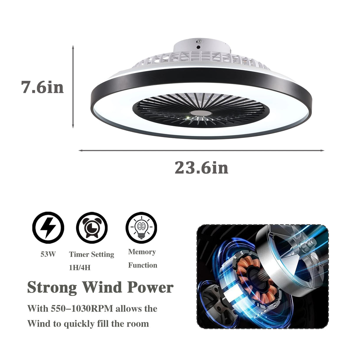 Black ABS Bedroom Fan Light - 23.6" Remote Control