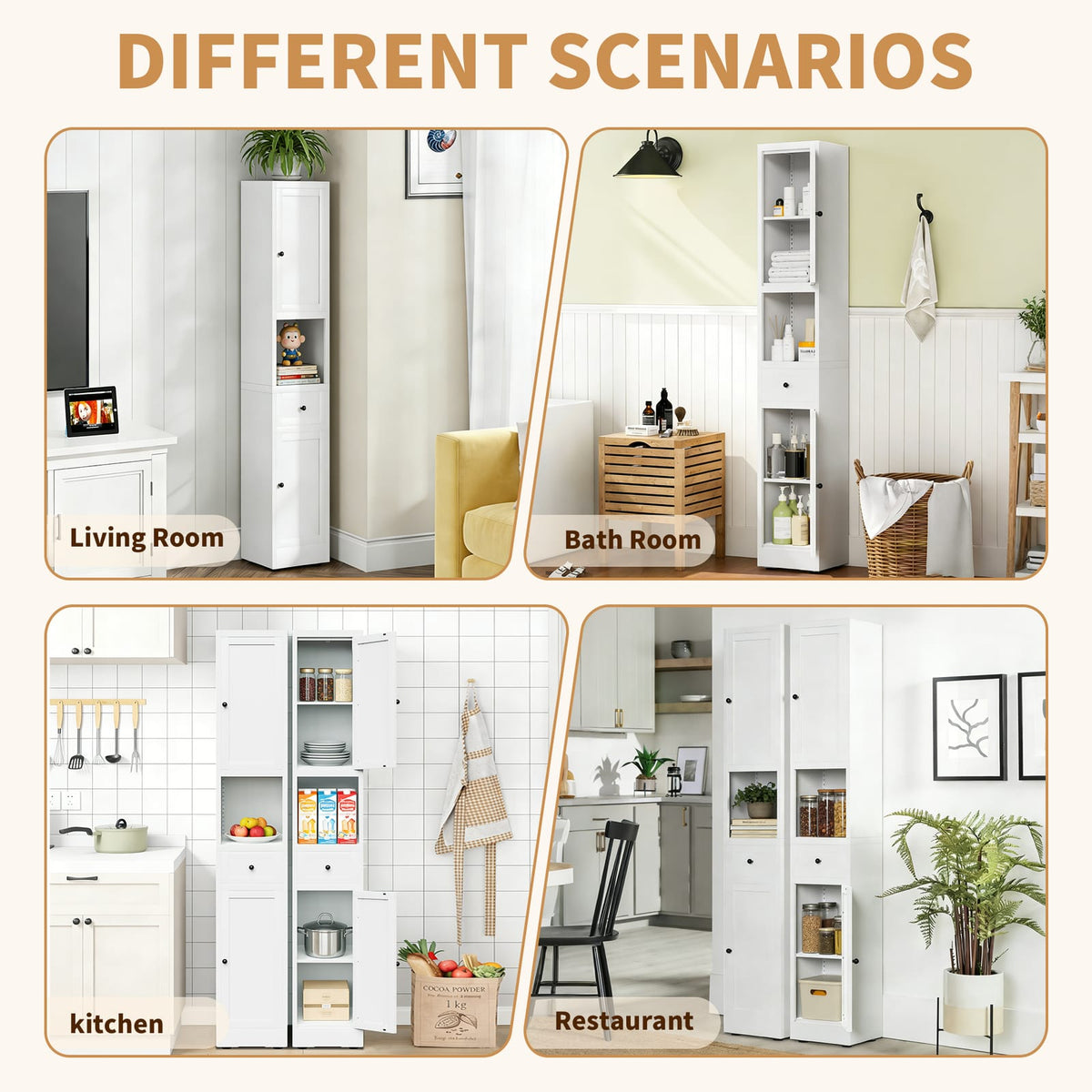 White Bathroom Storage Cabinet - 5 Tier Narrow Freestanding Cabinet