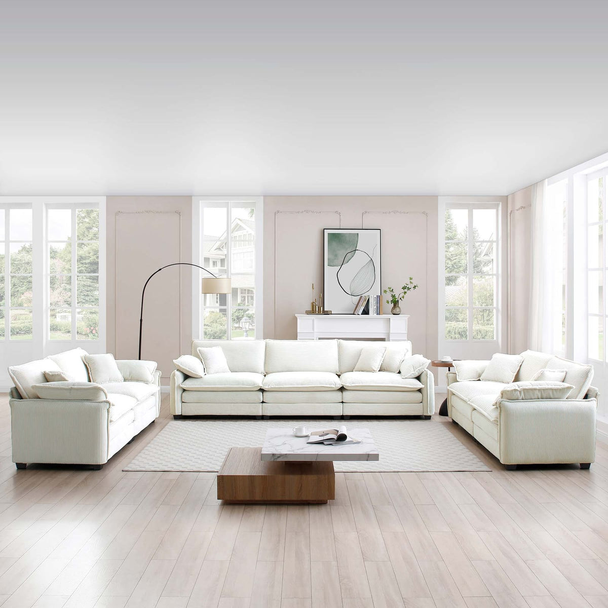 3-Piece Beige Corduroy Sofa Set - Modern Living Room Furniture