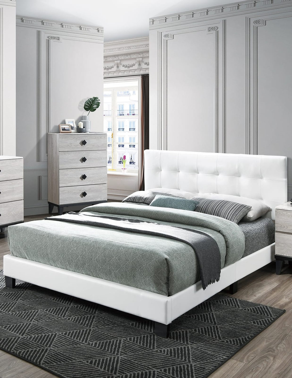 Modern Queen Bed Frame - White Faux Leather