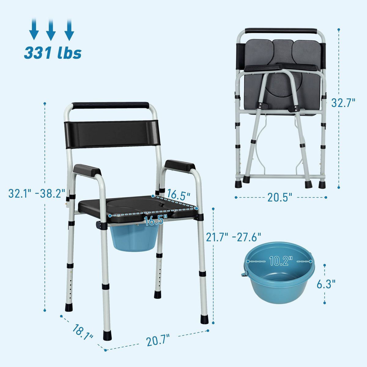 Black Adjustable Bedside Commode Chair - 331 lb Capacity