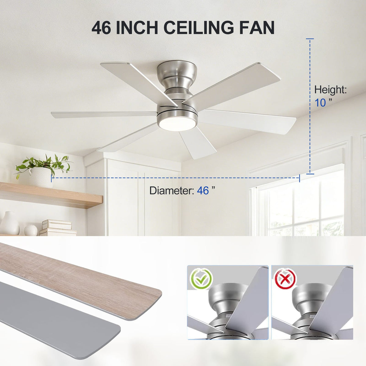 46 Inch Silver Ceiling Fan with Remote Control, 6 Plywood Blades, Quiet DC Motor