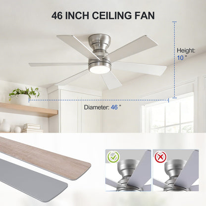 46 Inch Silver Ceiling Fan with Remote Control, 6 Plywood Blades, Quiet DC Motor