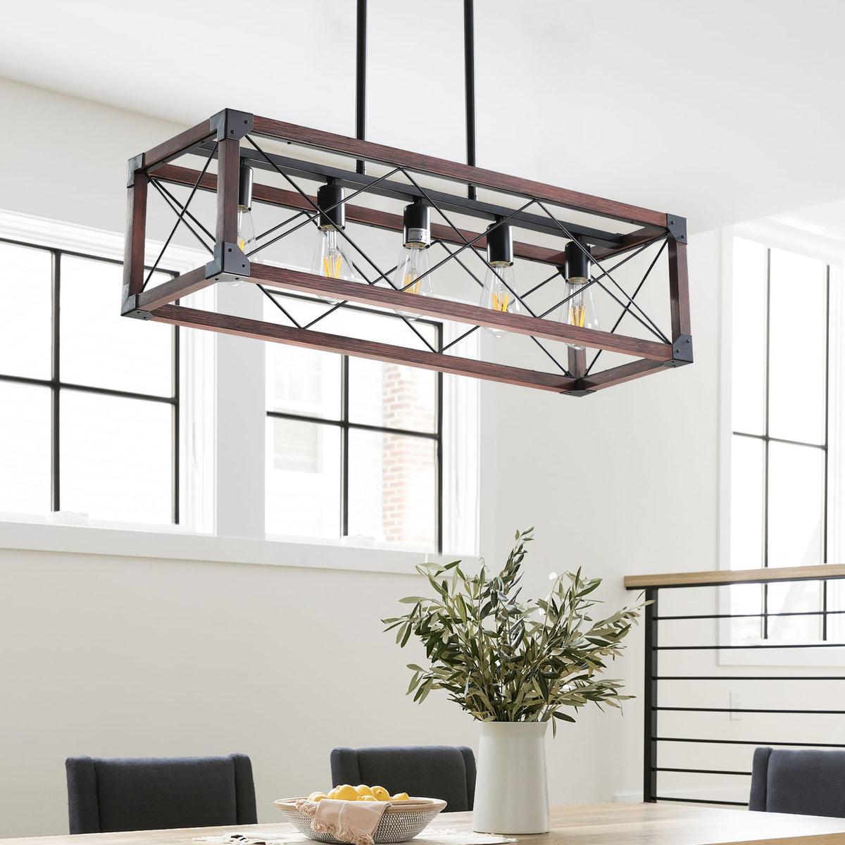 32" Red Wood Industrial Farmhouse Pendant Light - 5-Light Chandelier