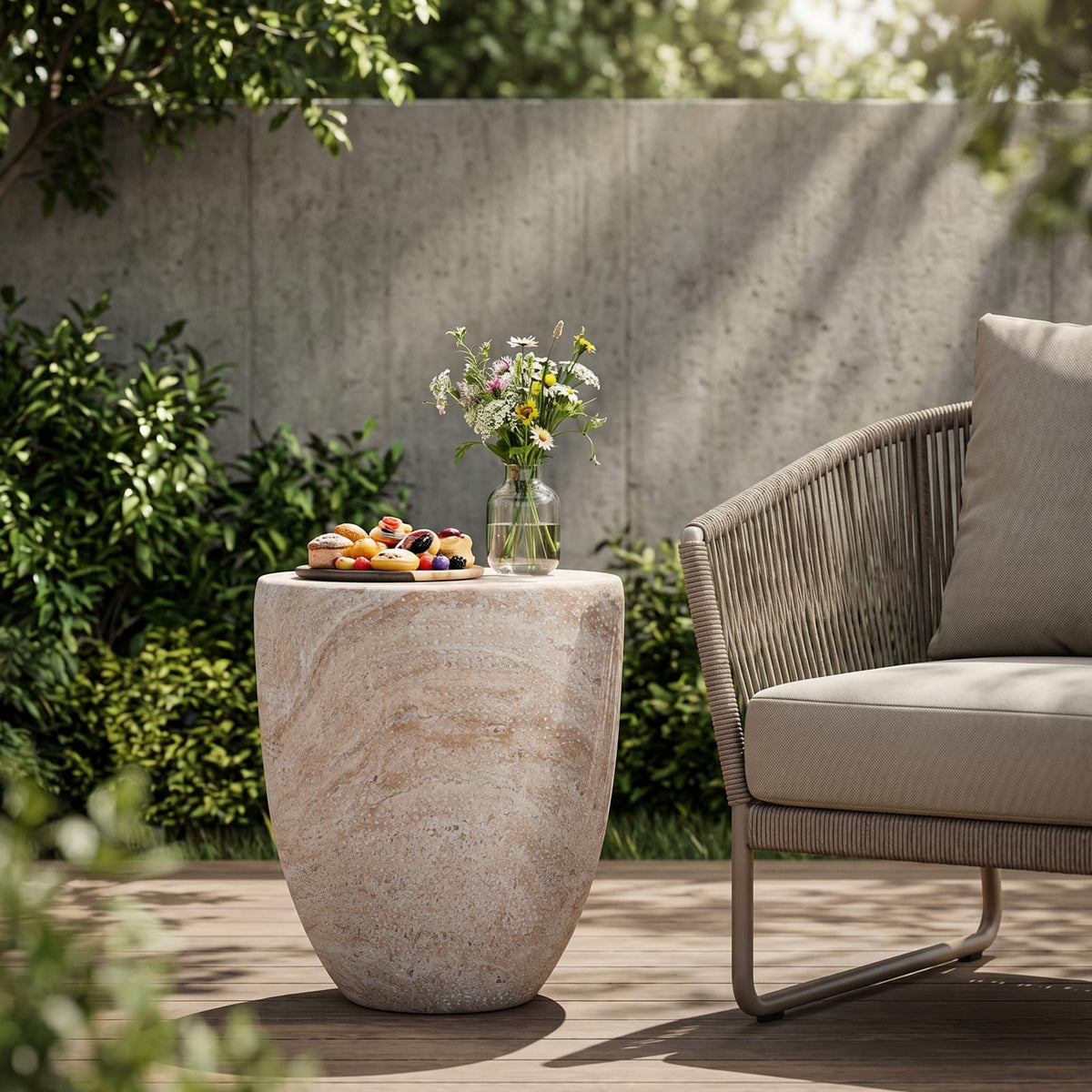 Beige Concrete Side Table - 14.25" Outdoor Patio Table