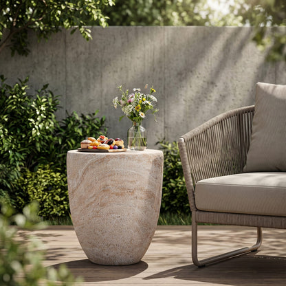 Beige Concrete Side Table - 14.25" Outdoor Patio Table
