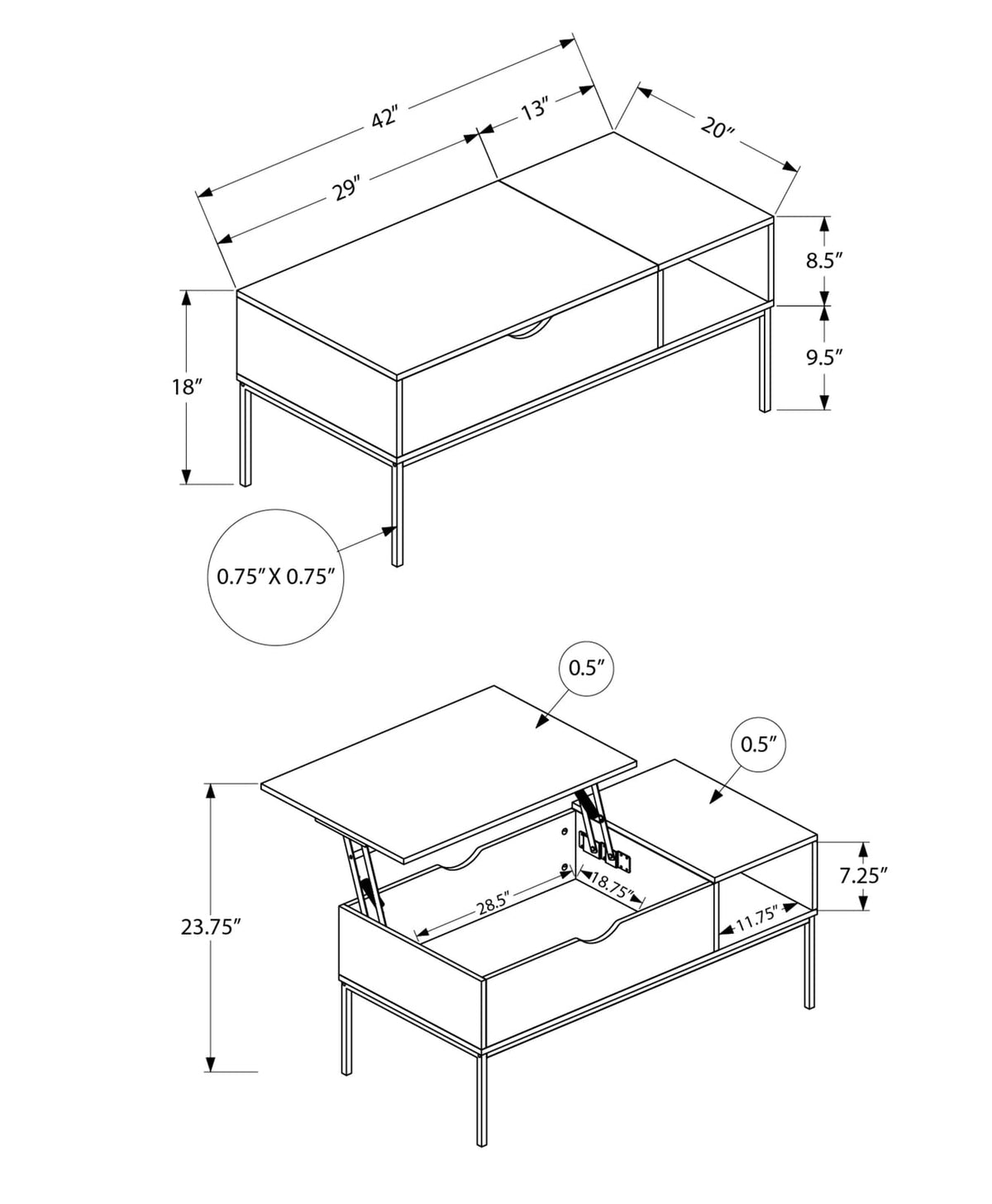 42" Rectangular Coffee Table with Lift-Top & Storage - Grey