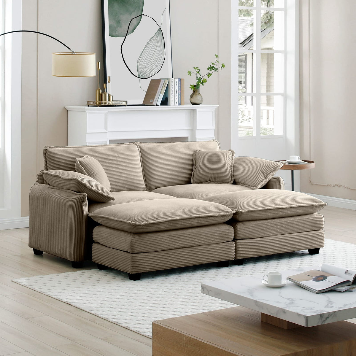 Tan Corduroy Two-Seater Sofa with Footrest for Living Room