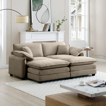 Tan Corduroy Two-Seater Sofa with Footrest for Living Room