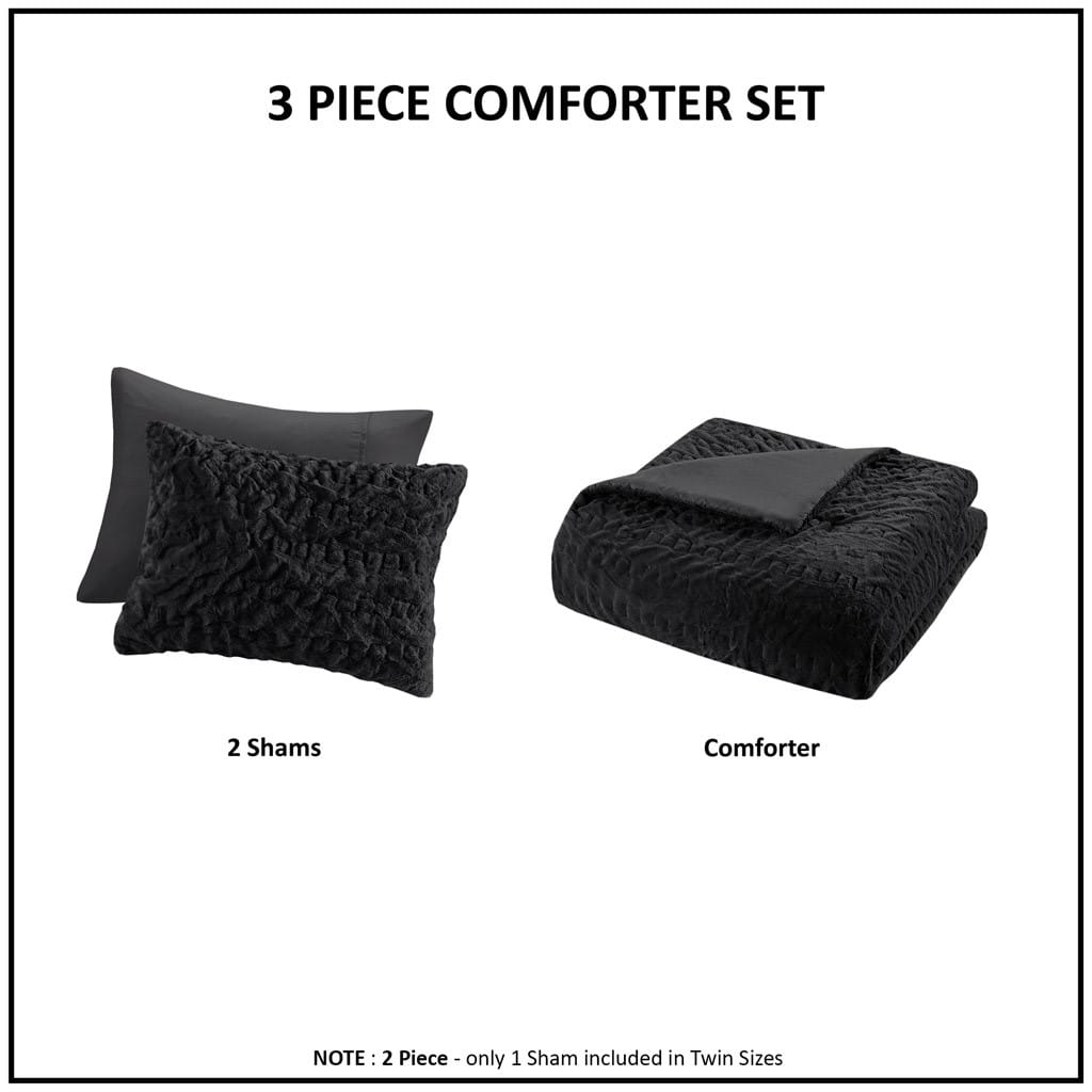 Queen Ruched Fur Comforter Set - Black Polyester