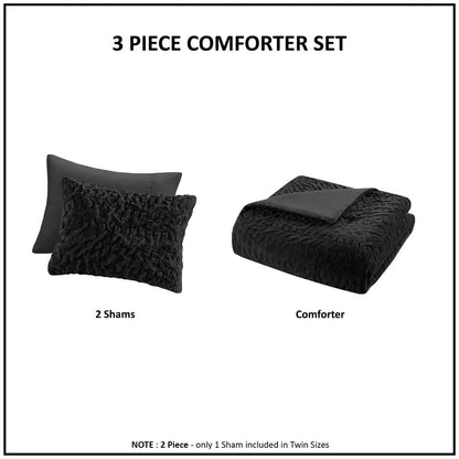 Queen Ruched Fur Comforter Set - Black Polyester