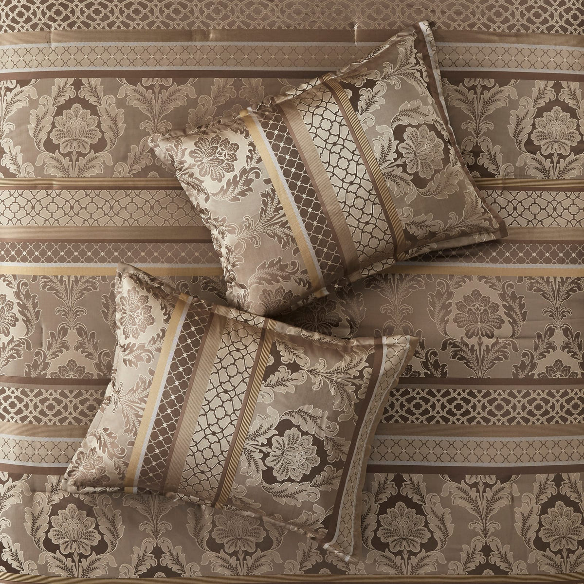7 Piece Jacquard Queen Comforter Set - Brown & Gold