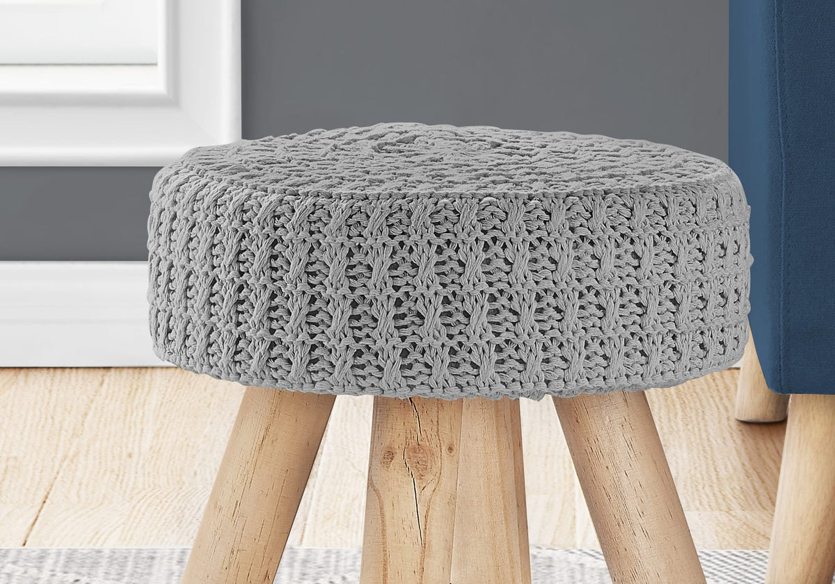 Grey Round Foam Ottoman with Wood Legs for Guest Room Seating for Living Room